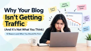 Why your blog isn’t getting traffic, showing common SEO problems such as wrong keywords, search intent, technical issues, weak internal links, and generic content.