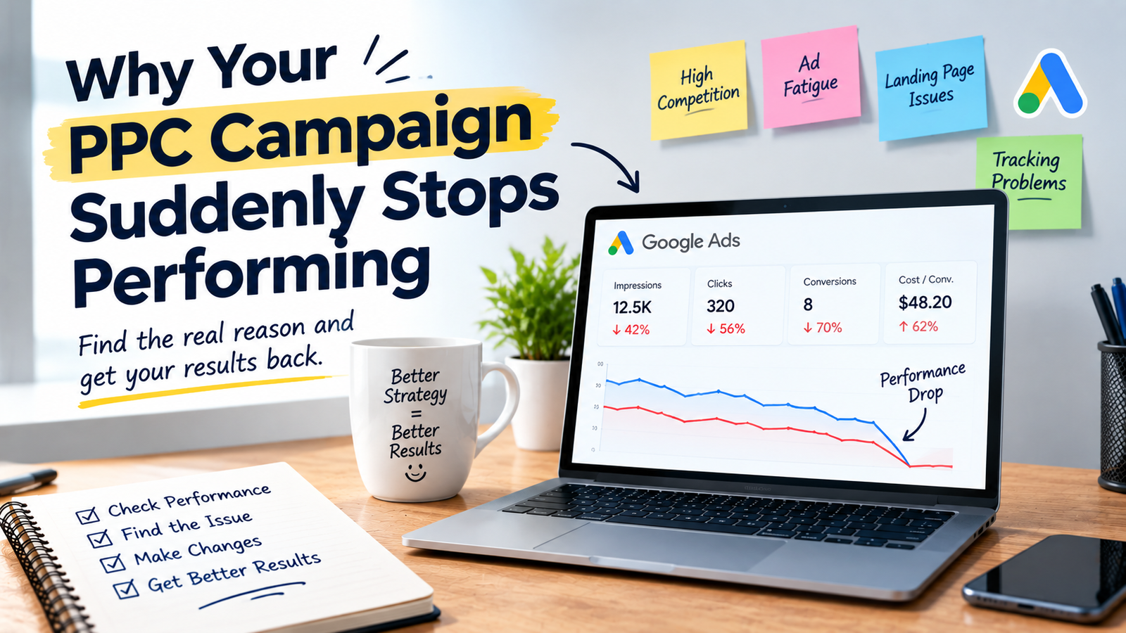 PPC campaign performance showing a drop in clicks and conversions